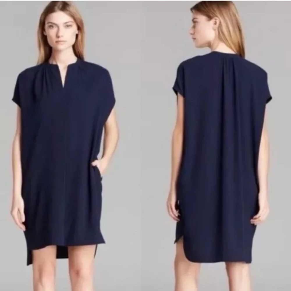 Vince High-Low Navy Split Neck Popover Tunic Dress W/ Pockets Size S